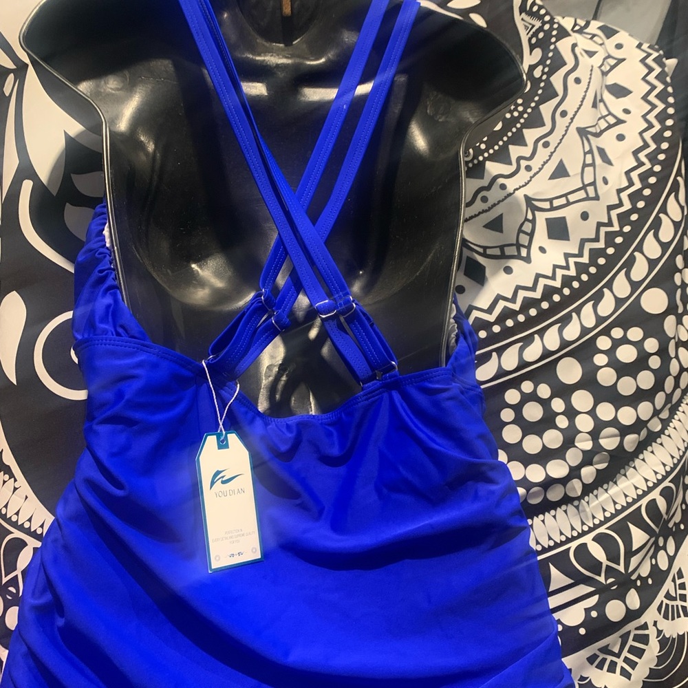Women Swimsuit Tummy Control Cross Blackless Navy Blue 2XL YOUDAIN